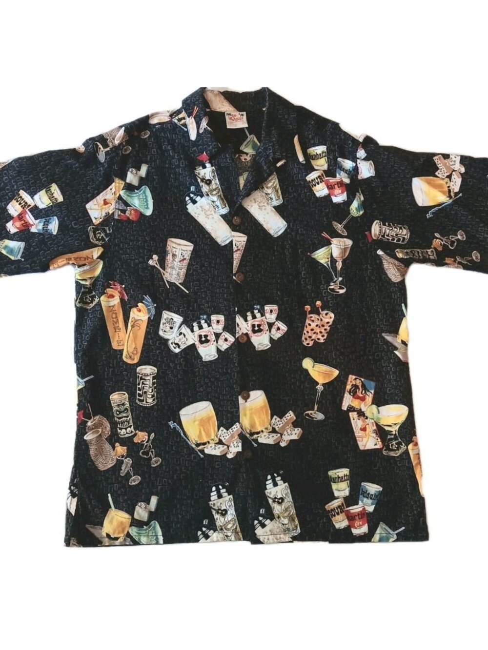 Vtg 60's Hawaiian Shirt Cocktails Pin-ups Resort Vacation Tiki Gambling Black L